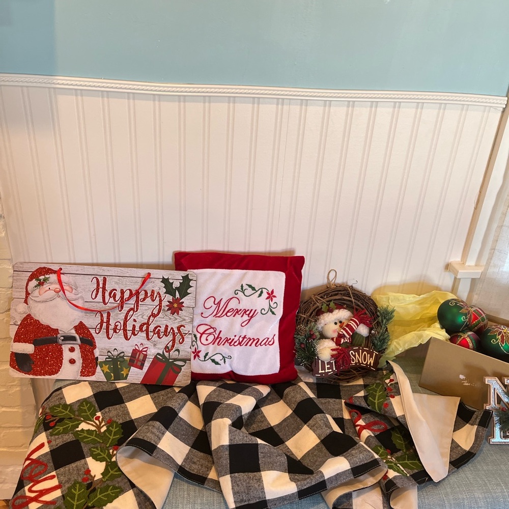 Holiday Runner Red and White Merry Christmas Decorative Pillow and more